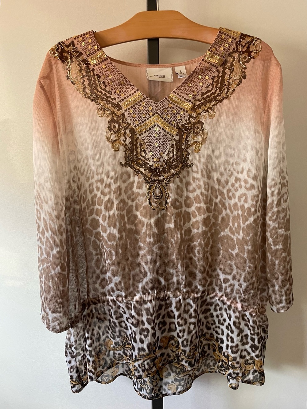 Chico's Sequin Embellished Ombre Leopard Chiffon Blouse Top Size 3 XL